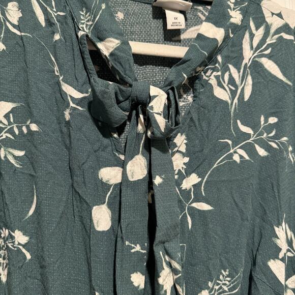 Ava Viv Green Floral Ruffled Tiered Maxi Dress Long Sleeves High Neck 1X - Picture 5 of 9